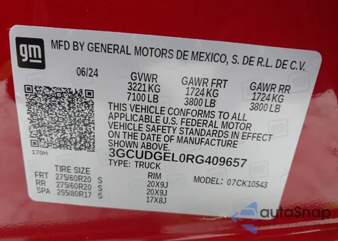 2024 Chevrolet Silverado 1500 4Wd Short Bed Ltz z USA, uszkodzony, nr VIN 3GCUDGEL0RG409657